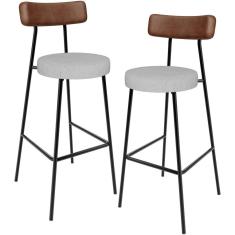 Kit 02 Banquetas Alta Bar Cozinha Sala Jantar Milão L02 Couríssimo Marrom Linho Cinza