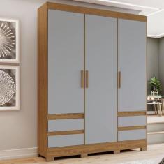 Guarda-Roupa Solteiro 3 Portas 4 Gavetas Nature/Cinza - Briz, Cinza, M