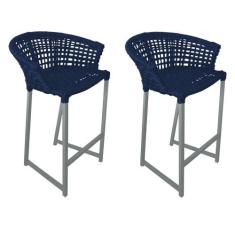 Kit 2 Banquetas Reis em Corda Náutica e Base em Alumínio Cinza para Ár