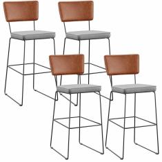 Kit 04 Banquetas Altas Camel Linho Cinza