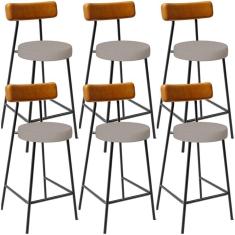 Kit 06 Banquetas Baixa Bar Cozinha Sala Jantar Milão L02 Couríssimo Whisky Linho Bege - Lyam Decor