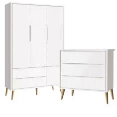 Guarda Roupa 3 Portas E Cômoda 3 Gav Theo Branco Fosco Pés Madeira Natural - Reller Móveis Branco Fosco