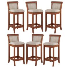 Kit 6 Banquetas Média em Madeira Mônaco Estofada Linho Bege M58 RMI - 