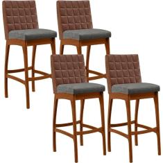 Kit 04 Banquetas Altas Mila Marrom Linho Cinza Escuro