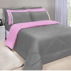 Kit Edredom Dupla Face Ternura Casal Queen 6 Peças - Cinza e Rosa - Bo
