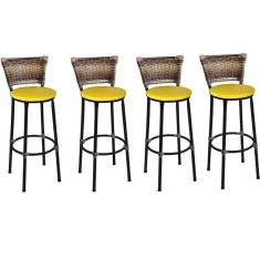 Kit 4 Banquetas Altas Preta com Encosto Junco Capuccino Assento Amarelo