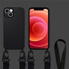Capa de colar com alça de corda de cordão crossbody para iPhone 11 12 13 14 15 Pro Max Mini XS X XR 7 8 Plus SE Capa de silicone líquido, preta, para iPhone 12 Pro