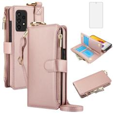 Asuwish Capa de telefone para Samsung Galaxy A52/A52S 5G Carteira com zíper com protetor de tela de vidro temperado, alça transversal, suporte para cartão, capa flip A 52 S 4G G5 52A S52 52S mulheres