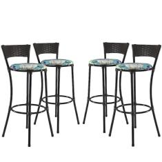 Jogo Com 4 Banquetas Alta Forts Fibra Uv Bancada, área Goumert, Bar, Piscina, Balcão, Floral Azul