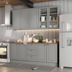 Cozinha Compacta 100% Mdf 4 Peças com Portas de Vidro Internacional Cinza/Marrom