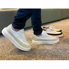 Tênis Masculino Casual Em Couro 100% Solado Alto Palmilha Gel - Onix S