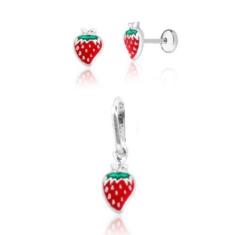 Conj. Brinco E Pingente Infantil Prata Pura 925 Morango - Lojas La&Ny,