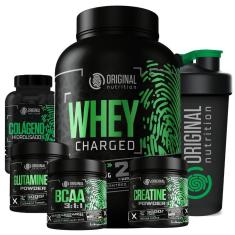Kit Whey Protein Charged + Bcaa + Creatina Monohidratada + Glutamina + Colágeno  + Shaker-Unissex