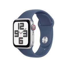 Apple Watch SE GPS + Cellular • Caixa prateada de alumínio – 40 mm • Pulseira esportiva denim – M/G