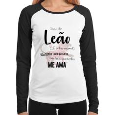 Baby Look Raglan Sou de Leão Manga Longa - Foca na Moda, Branco, Preto