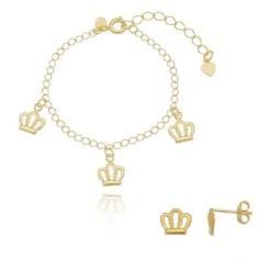 Kit Infantil Brinco e Pulseira de Coroa Banhado a Ouro