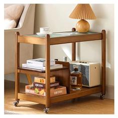 Mesa lateral estreita, mesa de cabeceira móvel com prateleira e rodas, mesa lateral moderna, mesa de armazenamento para escritório em casa, fácil montagem, com mesa de vidro temperado e moldura de bambu Nan C