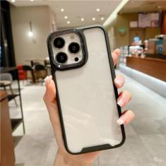 Capa de telefone transparente com moldura de silicone em cores doces para iPhone 13 12 11 Pro Max XR 15 14 Plus XS Max Capa dura de proteção de câmera de metal, T1, para iPhone 15 Pro