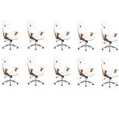 Kit 10 Cadeiras de Escritório Presidente Giratória com Apoia Cabeça Office Lisboa Branco/Marrom