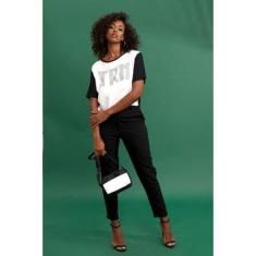 Camiseta Triton Com Aplicação Branco e Preto Tam. 38-Feminino