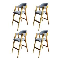 Kit 4 Banquetas Laura Madeira Maciça de Eucalipto Verniz Linho Cinza/Marrom