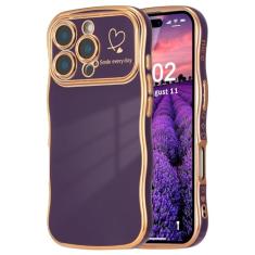 ZTOFERA Capa para iPhone 16 Pro Max de 6,9 polegadas, linda capa ondulada encaracolada com estampa de coração de amor, borda banhada de luxo, proteção total para câmera, à prova de choque, capa de