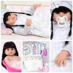 Boneca Reborn Realista Morena 46cm Olhos Castanhos 13 Itens - Cegonha 