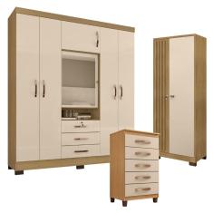 Guarda Roupa Casal Imperial com Cômoda Cannes 5 Gavetas e Armário Multiuso Versatile Carvalho Americano Off White - Incorplac