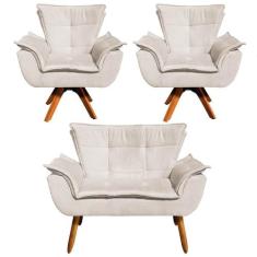 Kit Namoradeira e 2 Poltronas Base Giratória Madeira Opla Suede Bege -
