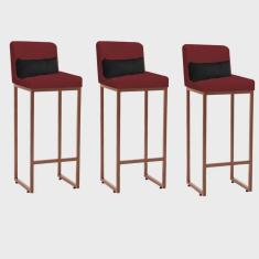 Kit 03 Banqueta Alta com Encosto Lucca Industrial Cozinha Balcão Ferro Bronze Sintético Vermelho e Almofada Preto - Ahazzo Móveis