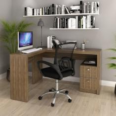Kit Escrivaninha Em L 2 Gavetas Me4129 E Cadeira De Escritório Diretor Tela Mesh Tok 3310 Nogal