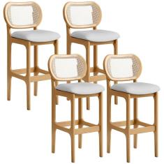 Kit 04 Banquetas Altas Betta Madeira Maciça Taeda Assento Estofado Linho Cinza Lyam Decor