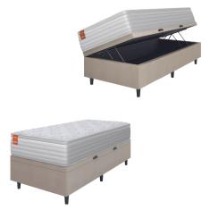 Cama Box Baú Colchão Solteiro Molas Ensacadas Real 88x188x68cm Branco / Bege Inducol - Suporta até 130kg por Pessoa