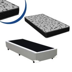 Cama Box Solteiro Colchão Espuma D45 Bordado + Box Sintético Branco 47x88x188