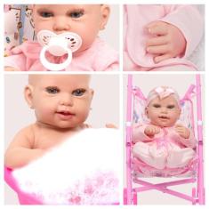Boneca Reborn Com Carrinho Infatil Conjunto Pagão Rosa Lindo - Cegonha