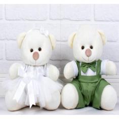 KIT CASAL URSOS DE PELUCIA PAJEM VERDE, DAMINHA BRANCA PADRÃO 18cm - 2