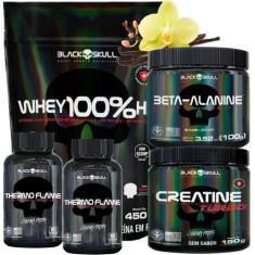 Kit Black Skull: Whey 100% hd Refil 900g + 2x Cafeína Thermo Flame 60 