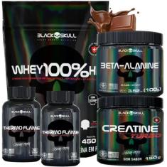 Kit Black Skull: Whey 100% hd Refil 900g + 2x Cafeína Thermo Flame 60 