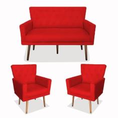 Kit 01 Namoradeira com 02 Poltronas Decorativa Julieta Pés Madeira Suede Vermelho
