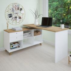 Escrivaninha em L Retrô para Escritório Gold com Gaveteiro 2 Gavetas Artany Olmo/Branco