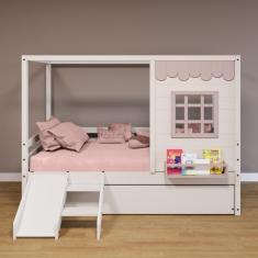 Bicama Casinha Reta Com Escorregador Madeira Maciça Branco- Rosa Housin