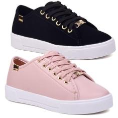 Kit 2 Pares Tênis Feminino Casual Sola Alta Básico Leila Soares, Preto