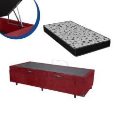 Cama Box Baú Solteiro Suede Vinho + Colchão Espuma D33 Bordado 56x78x1