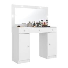 Penteadeira Camarim C/ Espelho P/ Quarto Salão De Beleza Maquiagem 4 Luminárias Led 3 Gavetas 2 Portas Carisma