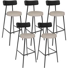 Kit 05 Banquetas Alta Bar Cozinha Sala De Jantar Milão L02 Couríssimo Preto Linho Bege - Lyam Decor