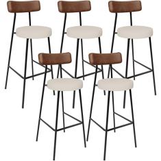 Kit 05 Banquetas Alta Cozinha Bar Sala De Jantar Milão L02 Couríssimo Marrom Linho Cru - Lyam Decor