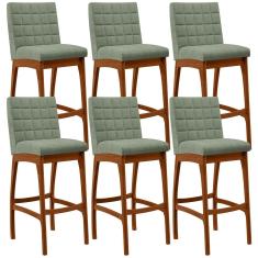 Kit 06 Banquetas Alta Mila L02 Assento Poliéster Base Fixa Encosto Verde Estrutura Madeira Cozinha