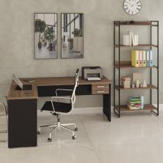 Conjunto Home Office 2 Peças Com Escrivaninha Work30 E Estante Kuadra Nogal-preto ônix