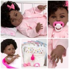 Boneca Reborn Bebê Realista Negra Pijama Roupão 13 Itens - Cegonha Reb