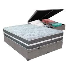 Cama Box com Baú Bege e Colchão Queen Black Grafit Anjos, Cinza